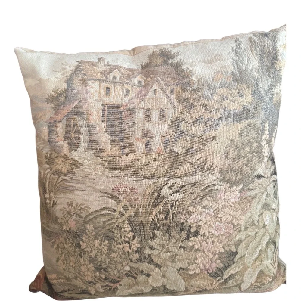Vintage Tapestry Throw Pillows Pair Romantic Couple & Cottage Watermill 17 inch‎